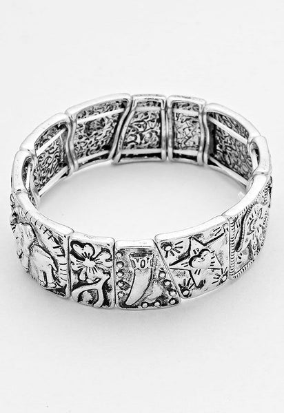 Women's Silver Tone Elephant Heart Stars Hamsa Horseshoe Lucky Cuff Bracelet - Matties Modern Jewelry