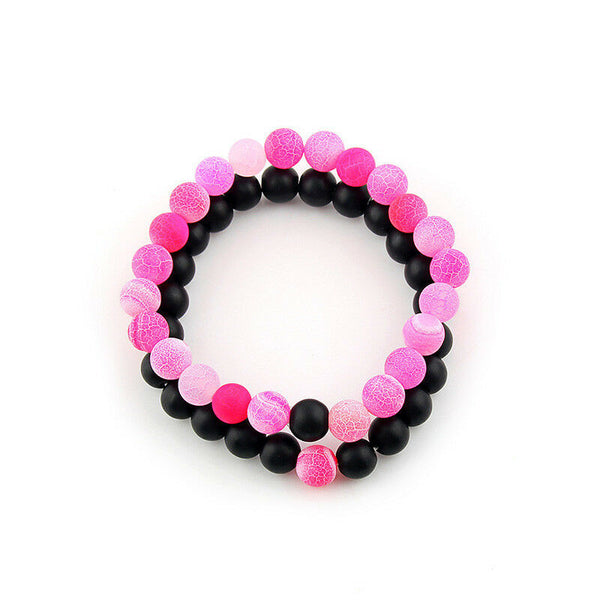 Distance Couples Lovers 6MM Weathered Bead Black Agate Stretch Bracelet Set - Matties Modern Jewelry