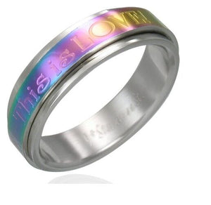 Gay Lesbian Rainbow This Is Love Anodized Spinner Stainless Steel Ring Size 6-10 - Matties Modern Jewelry