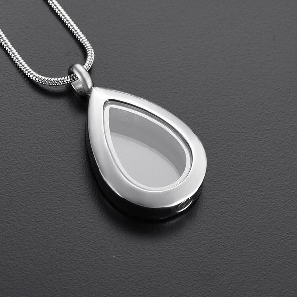Tear Drop Keepsake Cremation Urn Glass Stainless Steel Pendant Necklace - Matties Modern Jewelry