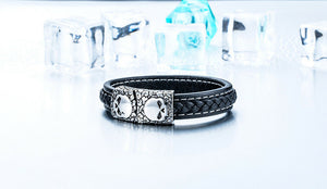 Unisex Trendy Biker Gothic Stainless Steel Double Skull Black Leather Bracelet - Matties Modern Jewelry