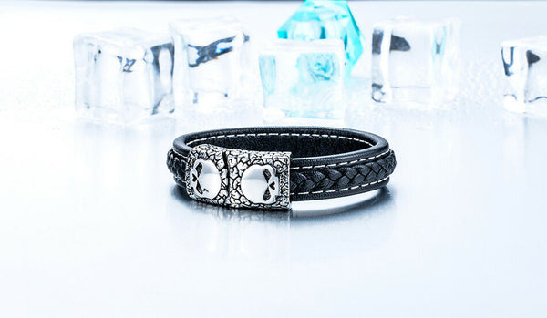 Unisex Trendy Biker Gothic Stainless Steel Double Skull Black Leather Bracelet - Matties Modern Jewelry