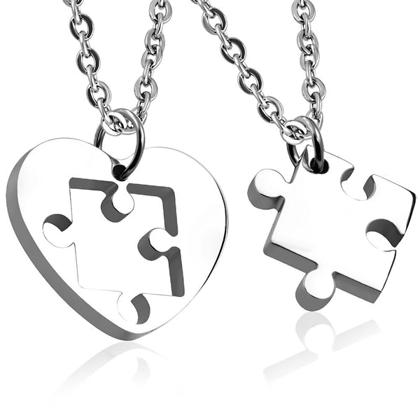 Jigsaw Autism or Couple's Heart and Puzzle Stainless Steel Pendant Necklaces - Matties Modern Jewelry