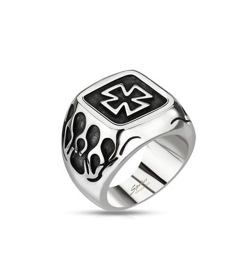 Maltese Iron Cross Flames Silver Black Stainless Steel Fashion Ring Sizes 9-14 - Matties Modern Jewelry