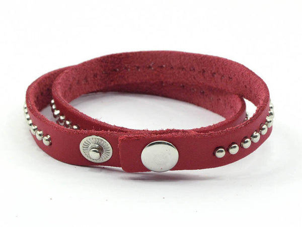 Red Leather Studded Wrap Surfer Bracelet Wristband - Matties Modern Jewelry