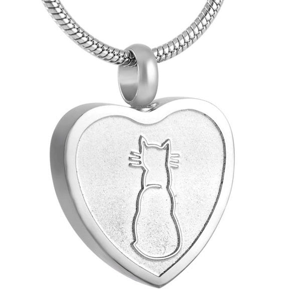 Cat Feline Cremation Urn Memorial Silver Stainless Steel Pendant Necklace - Matties Modern Jewelry