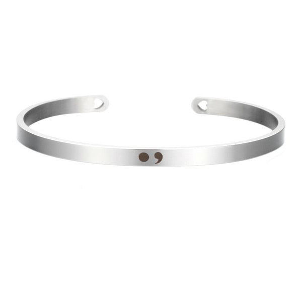Suicide Awareness Semi Colon Silver Stainless Steel Cuff Bangle Bracelet - Matties Modern Jewelry