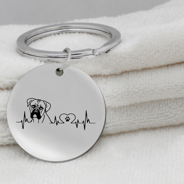 Love Boxer Dog Heartbeat EKG Black Silver Stainless Steel Keychain - Matties Modern Jewelry