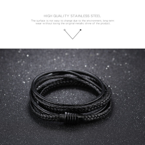 Men's Designer Style Black Leather Wrap Bracelet with Barrel Clasp - Matties Modern Jewelry
