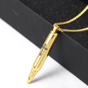 Cross Gold Rifle Bullet Cremation Urn Stainless Steel Fashion Pendant Necklace - Matties Modern Jewelry