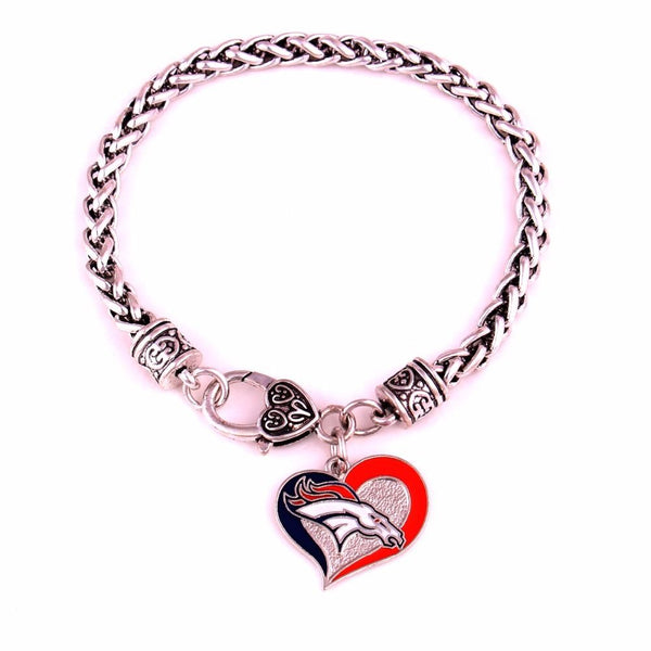 Denver Broncos Football Heart Charm Dangle Women's Fashion Clasp Bracelet - Matties Modern Jewelry