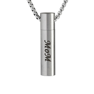 Mom Cylinder Cremation Urn Memorial Silver Stainless Steel Pendant Necklace - Matties Modern Jewelry