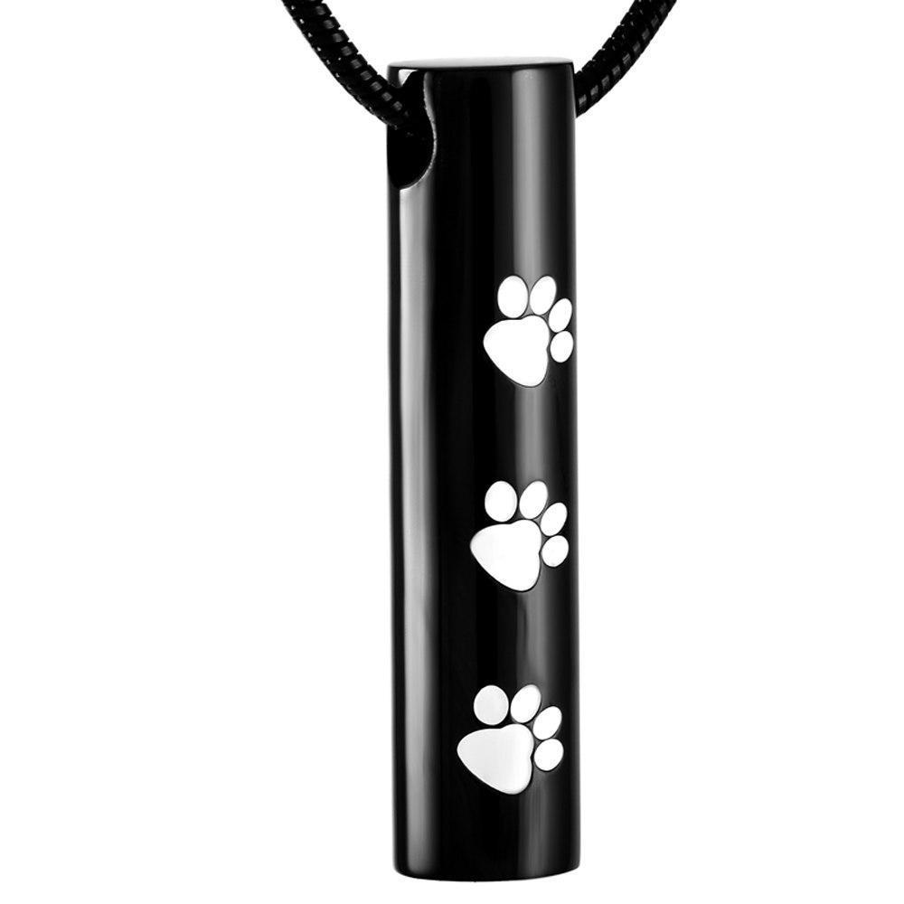 Paw Print Cylinder Cremation Urn White Black Stainless Steel Pendant Necklace II - Matties Modern Jewelry