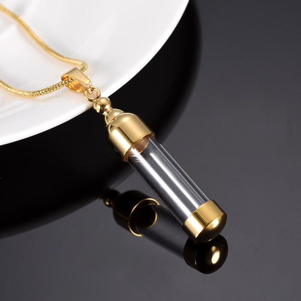 Gold Cylinder Keepsake Cremation Ash Urn Glass Stainless Steel Pendant Necklace - Matties Modern Jewelry