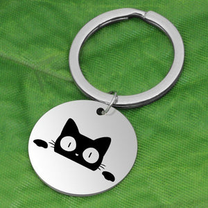 Funny Cat Feline Black Silver Stainless Steel Keychain - Matties Modern Jewelry