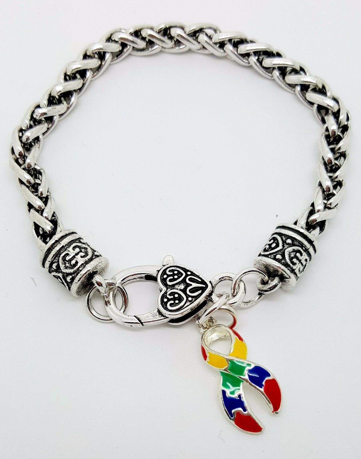 Autism Awareness Puzzle Ribbon Charm Dangle Fashion Silver Tone Clasp Bracelet - Matties Modern Jewelry