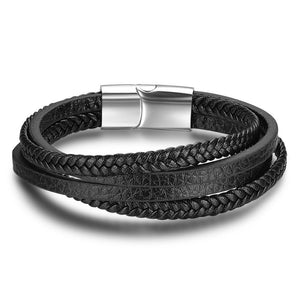 Men's Designer Style 4 Strand Black Leather Stainless Steel Bracelet Trendy - Matties Modern Jewelry
