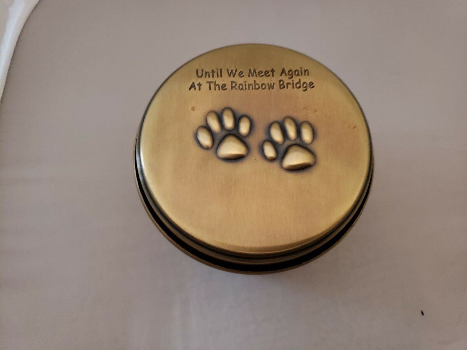 Brass Round Pet Dog Cremation Urn "Until We Meet Again at the Rainbow Bridge - Matties Modern Jewelry
