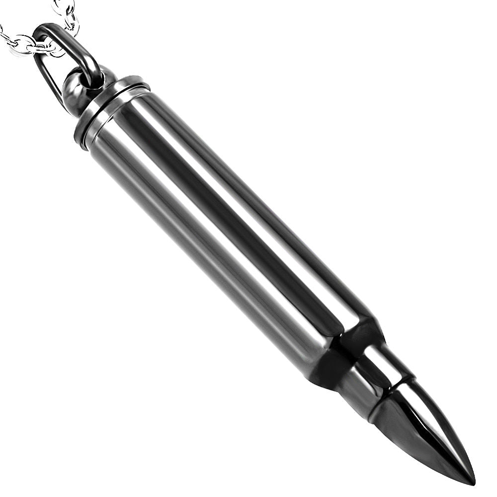 Plain Black Rifle Bullet Cremation Urn Stainless Steel Fashion Pendant Necklace - Matties Modern Jewelry