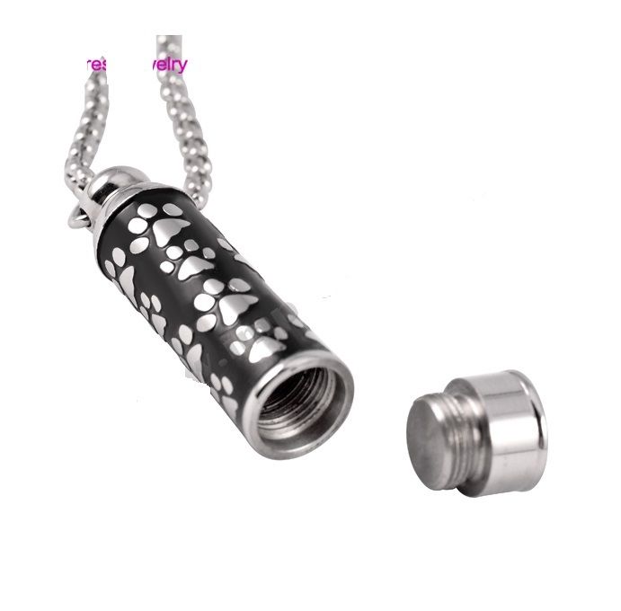 Paw Print Cylinder Cremation Urn White Black Stainless Steel Pendant Necklace - Matties Modern Jewelry