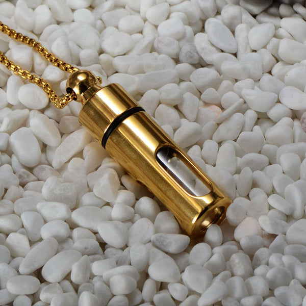 Gold See Through Keepsake Cremation Urn Glass Stainless Steel Pendant Necklace - Matties Modern Jewelry