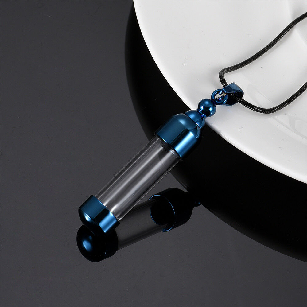 Blue Cylinder Keepsake Cremation Ash Urn Glass Stainless Steel Pendant Necklace - Matties Modern Jewelry