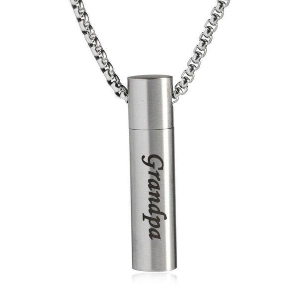 Grandpa Cylinder Cremation Urn Memorial Silver Stainless Steel Pendant Necklace - Matties Modern Jewelry