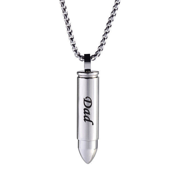Dad Cremation Urn Memorial Silver Bullet Stainless Steel Pendant Necklace - Matties Modern Jewelry
