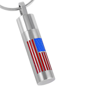 USA Flag Cremation Urn Silver Cylinder Stainless Steel Pendant Necklace - Matties Modern Jewelry