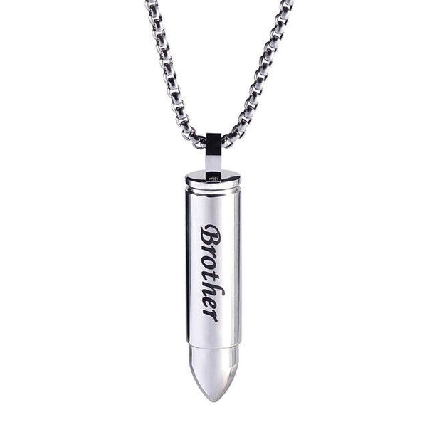 Brother Cremation Urn Memorial Silver Bullet Stainless Steel Pendant Necklace - Matties Modern Jewelry