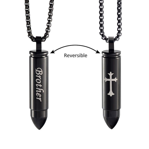 Brother Cross Cremation Urn Black Bullet Stainless Steel Pendant Necklace - Matties Modern Jewelry