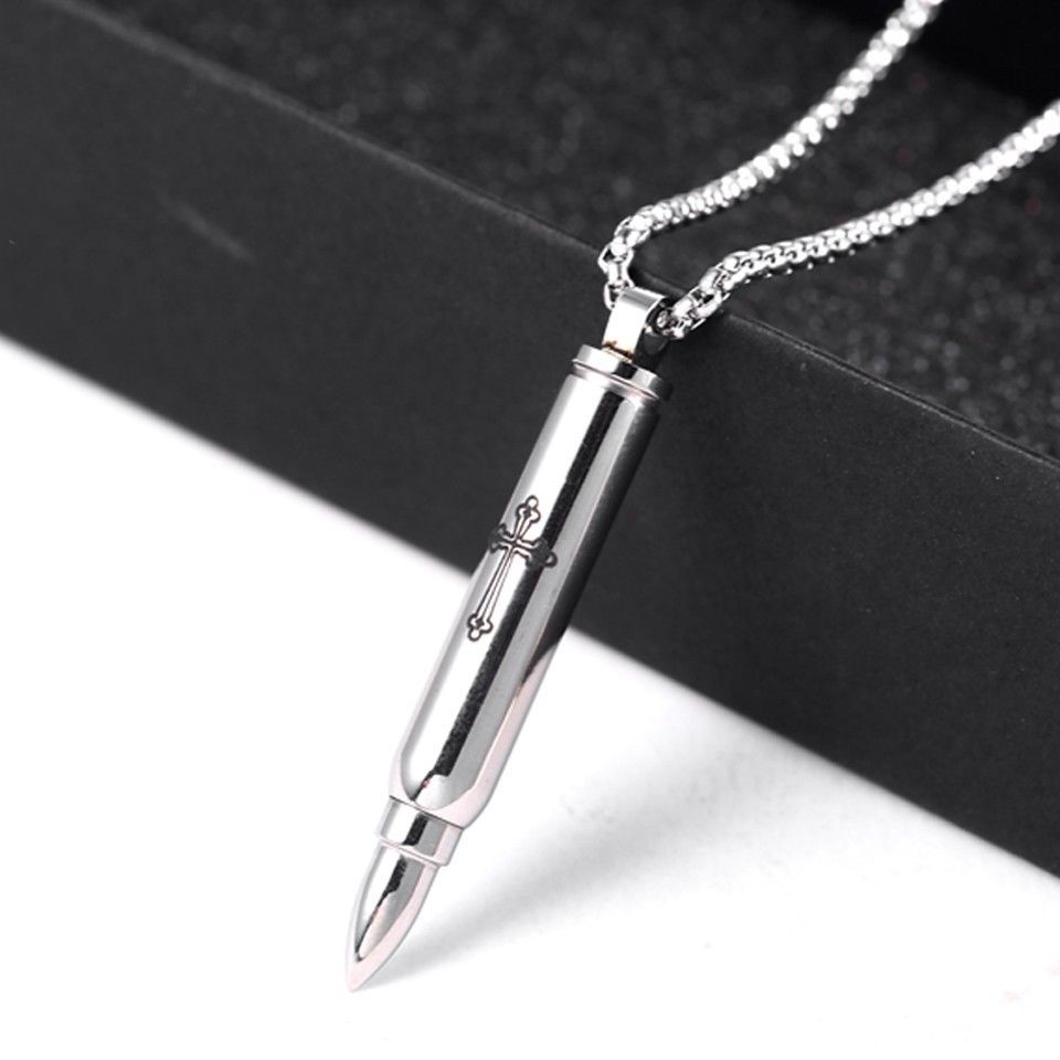 Cross Silver Rifle Bullet Cremation Urn Stainless Steel Fashion Pendant Necklace - Matties Modern Jewelry