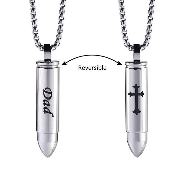 Dad Cross Cremation Urn Memorial Silver Bullet Stainless Steel Pendant Necklace - Matties Modern Jewelry