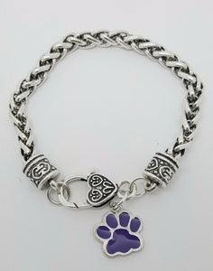 Purple Paw Print Dog Cat Charm Dangle Fashion Silver Tone Clasp Bracelet - Matties Modern Jewelry