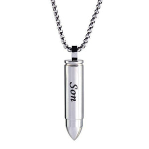 Son Cremation Urn Memorial Silver Bullet Stainless Steel Pendant Necklace - Matties Modern Jewelry
