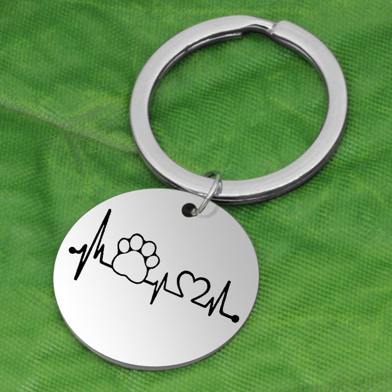 Love Dog Cat Paw Print Heartbeat EKG Black Silver Stainless Steel Keychain - Matties Modern Jewelry