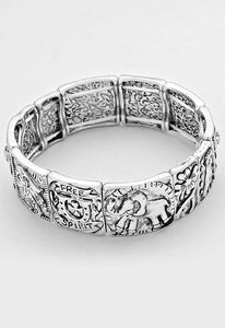 Women's Silver Tone Elephant Heart Stars Hamsa Horseshoe Lucky Cuff Bracelet - Matties Modern Jewelry