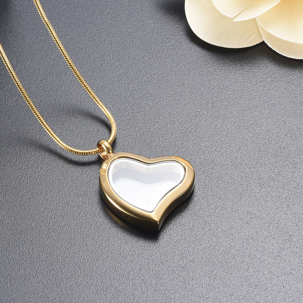 Heart Shape Keepsake Cremation Urn Glass Gold Stainless Steel Pendant Necklace - Matties Modern Jewelry