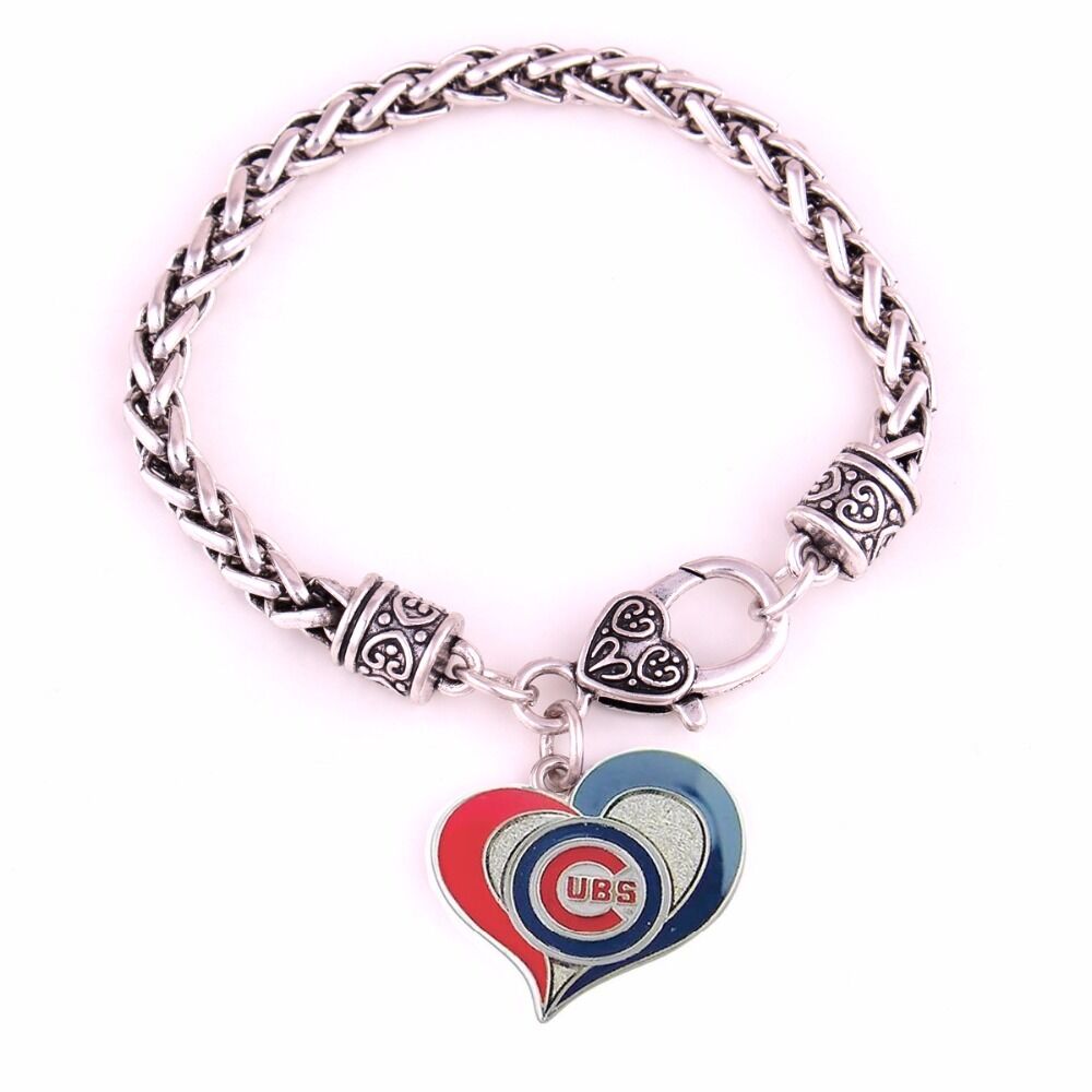 Chicago Cubs Heart Team Logo Charm Dangle Fashion Silver Tone Clasp Bracelet - Matties Modern Jewelry
