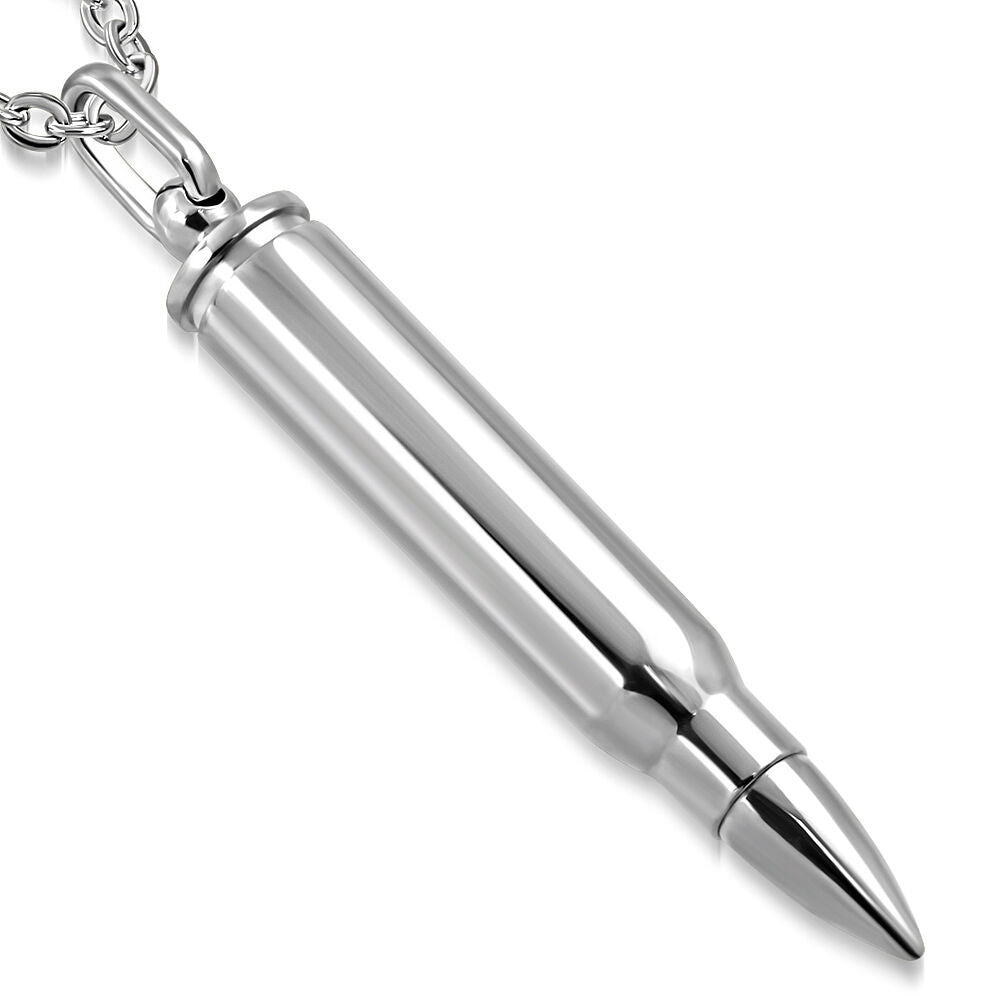 Plain Silver Rifle Bullet Cremation Urn Stainless Steel Fashion Pendant Necklace - Matties Modern Jewelry