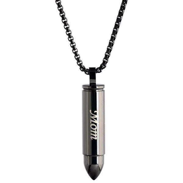 Mom Cremation Urn Memorial Black Bullet Stainless Steel Pendant Necklace - Matties Modern Jewelry