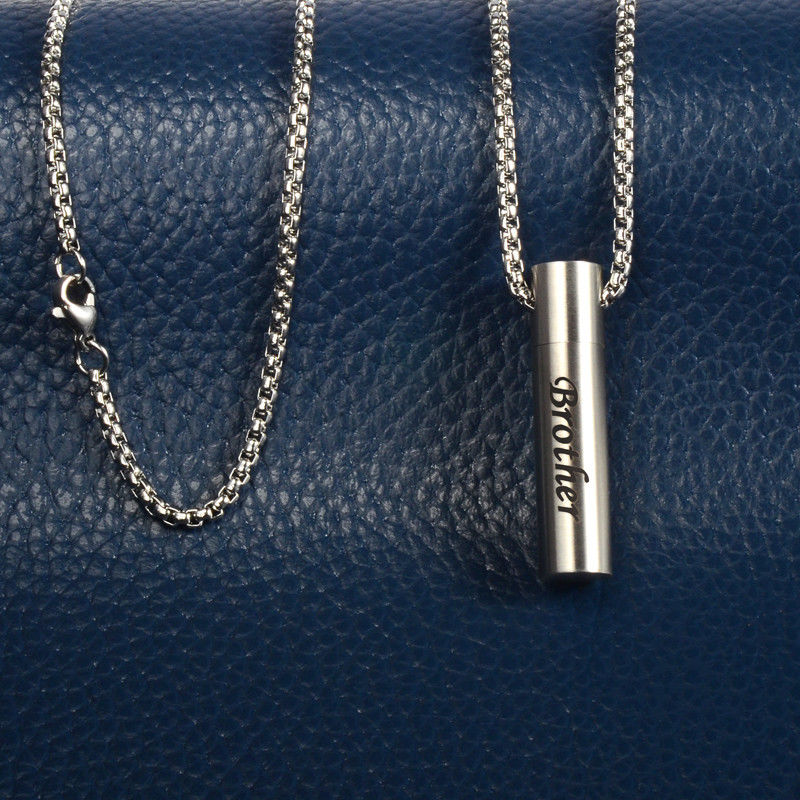 Brother Cylinder Cremation Urn Memorial Silver Stainless Steel Pendant Necklace - Matties Modern Jewelry