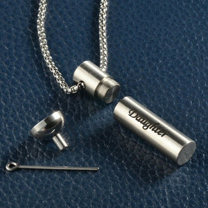 Daughter Cylinder Cremation Urn Memorial Silver Stainless Steel Pendant Necklace - Matties Modern Jewelry