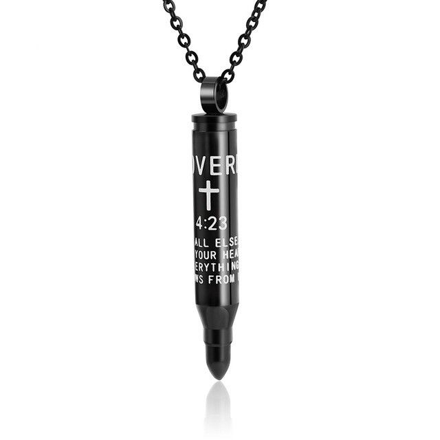 Proverbs 4:23 Black Rifle Bullet Cremation Urn Stainless Steel Pendant Necklace - Matties Modern Jewelry