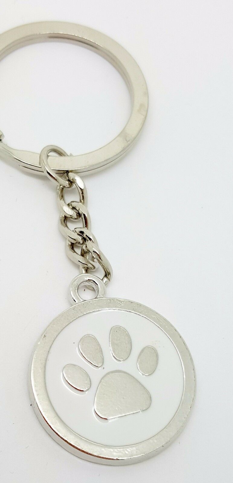 White Dog or Cat Paw Print Round Metal Dangle Keychain Animal Lover - Matties Modern Jewelry