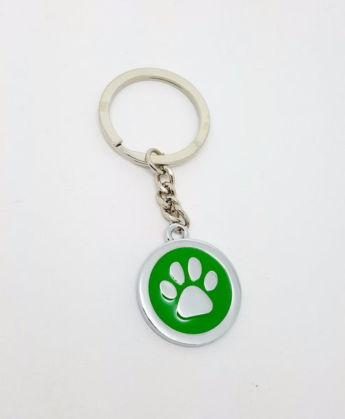 Green Dog or Cat Paw Print Round Metal Dangle Keychain Animal Lover - Matties Modern Jewelry