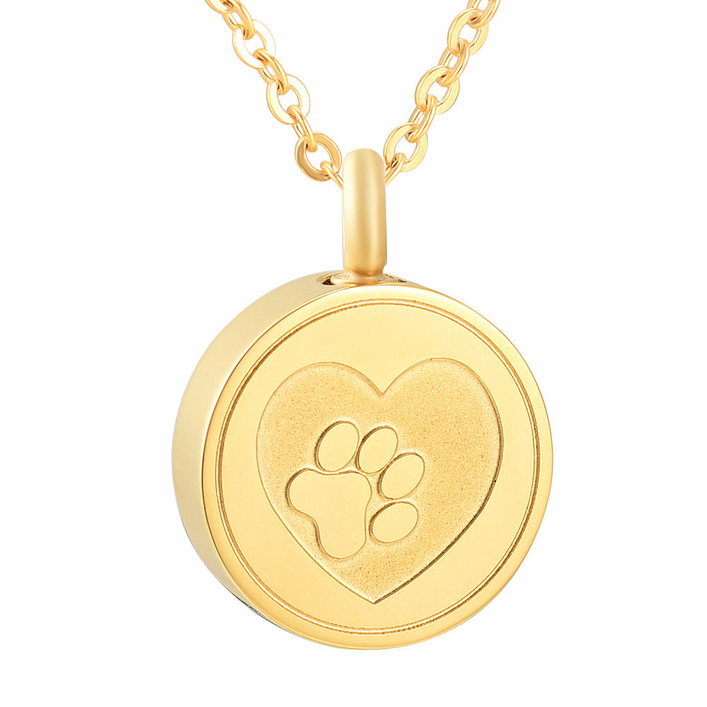Gold Heart Paw Print Cremation Urn Stainless Steel Fashion Pendant Necklace - Matties Modern Jewelry