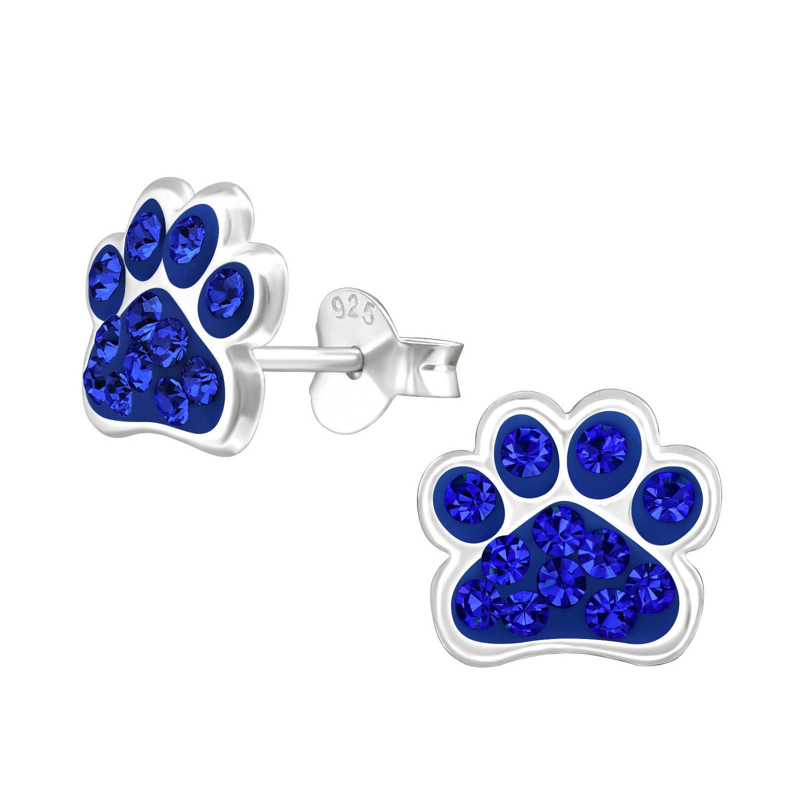 Paw Print Royal Blue Crystal .925 Sterling Silver Stud Post Earrings - Matties Modern Jewelry