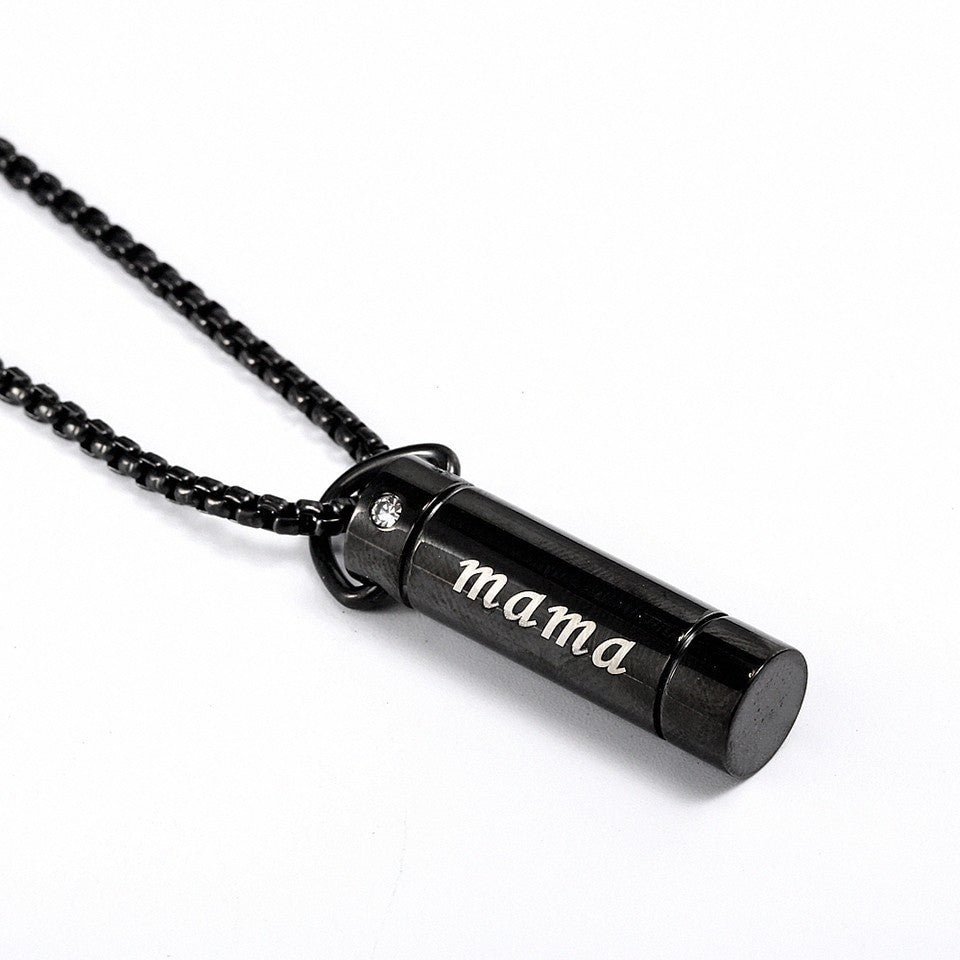 Mama Cylinder Cremation Urn Memorial Black Stainless Steel Pendant Necklace - Matties Modern Jewelry