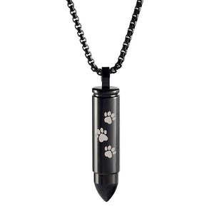 Paw Print Cremation Urn Black Bullet Stainless Steel Pendant Necklace - Matties Modern Jewelry